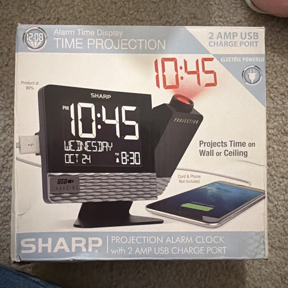 SHARP ALARM CLOCK Time Display Wall Projection w 2Amp USB Charger Port
